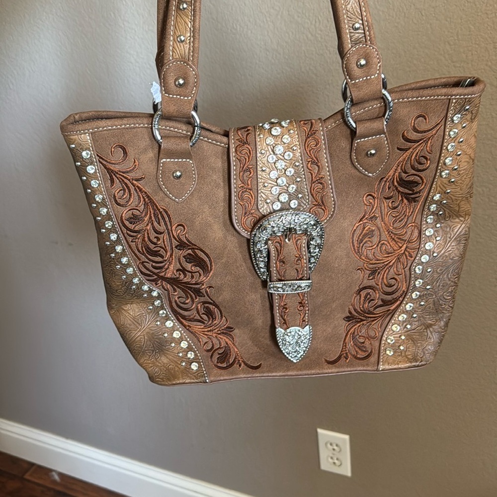 Montana West Brown and Silver Shoulder Bag with Floral Embroidery
